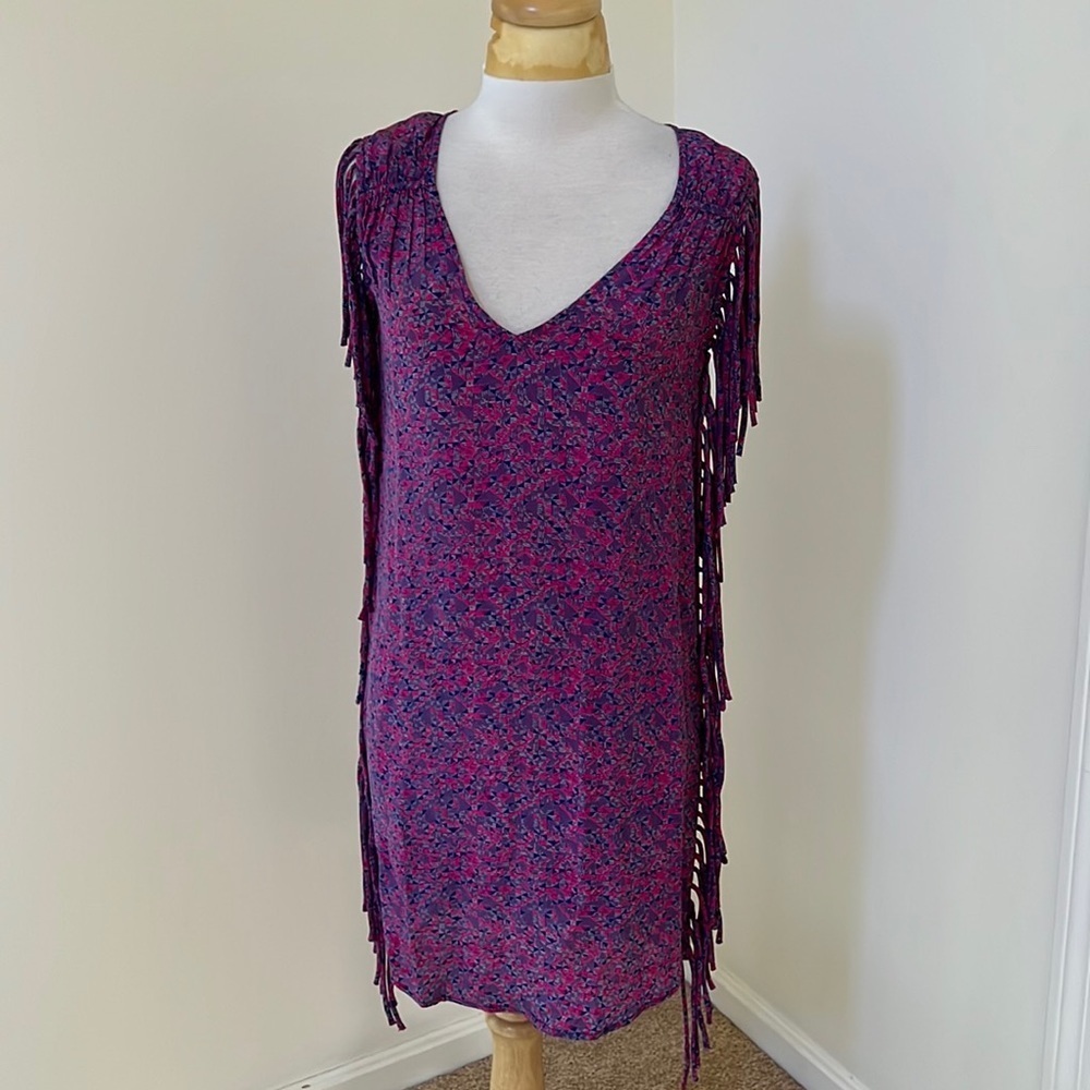 Maje pink multi small abstract print silk fringe dress.